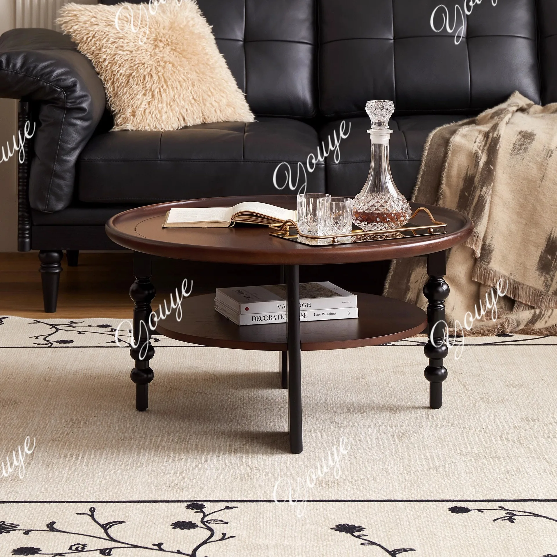 

French retro solid wood coffee table round living room double-layer storage tea table medieval small apartment household small t