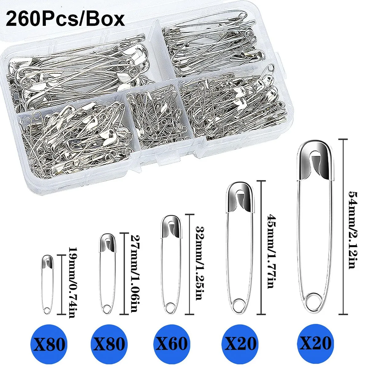 

260Pcs Safety Pins Assorted Size Large Safety Pins and Small Safety Pins for Clothes Sewing