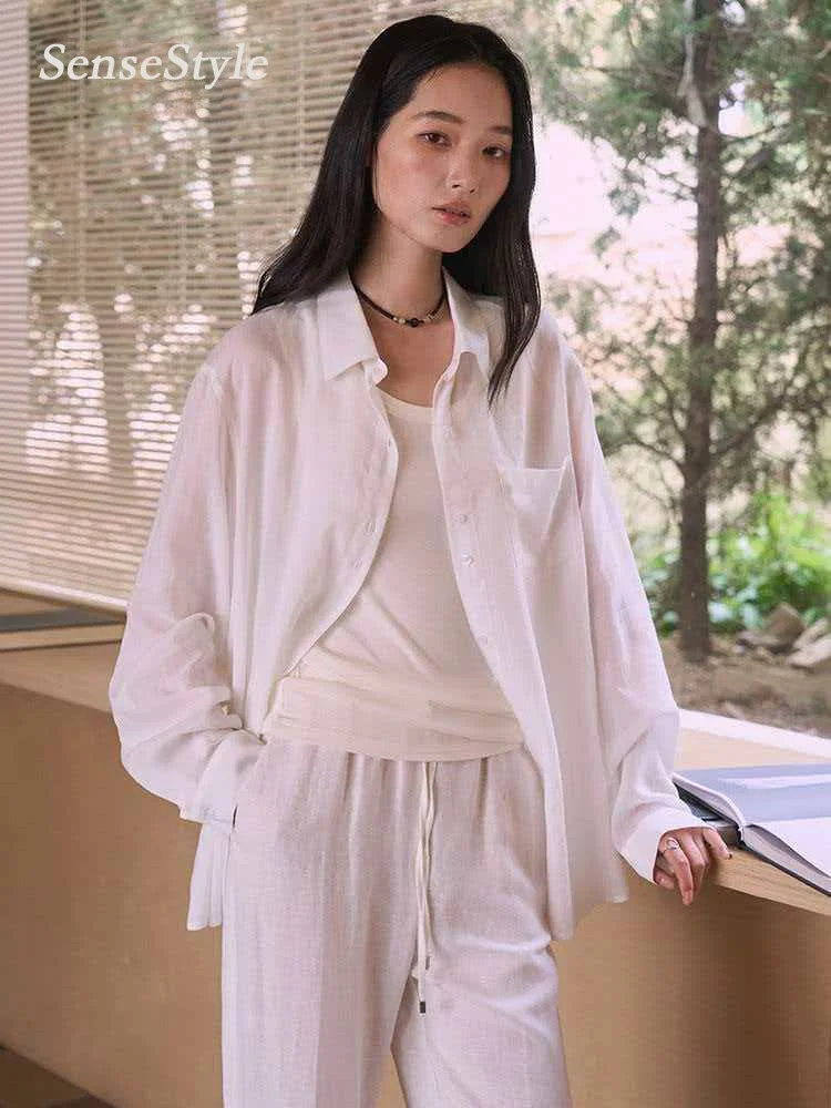 

Spring Summer Lyocell Linen Shirts Women Lapel Long Sleeve Lightweight Breathable Pocket Shirt Tops