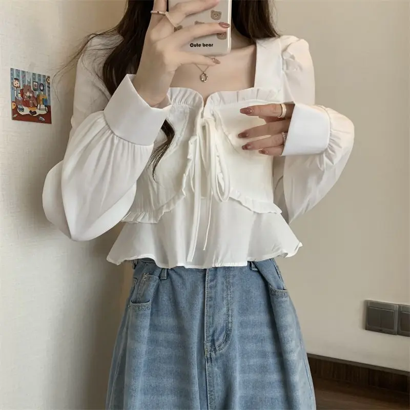 Spliced   tied Square Collar Long-sleeved Shirt for Women Spring Autumn New Design Versatile Short Style Unique