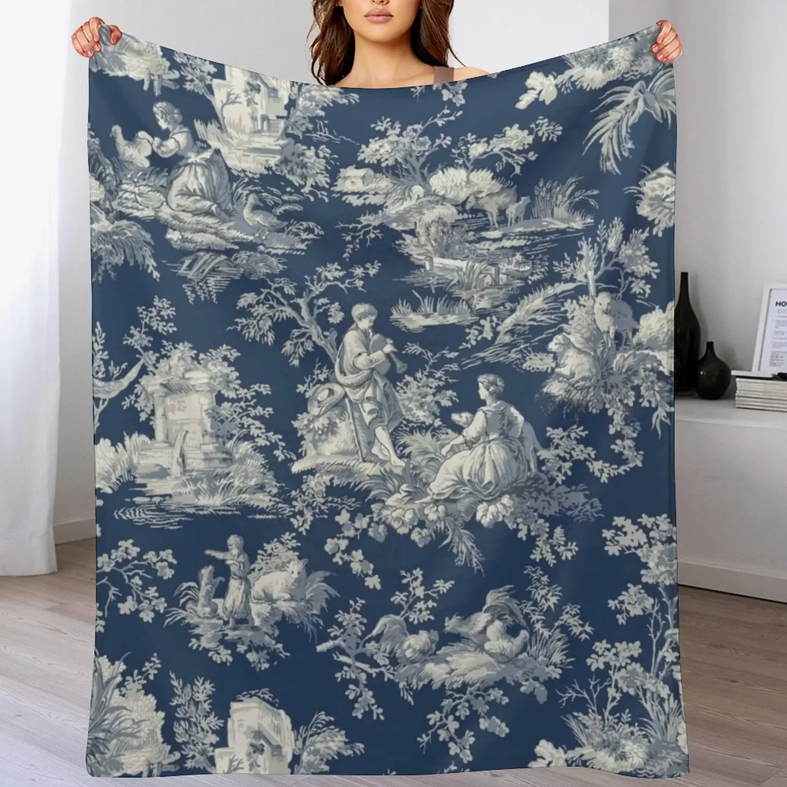 Toile de jouy Blue Throw Blanket Soft Solid Color Blanket for Couch Bed