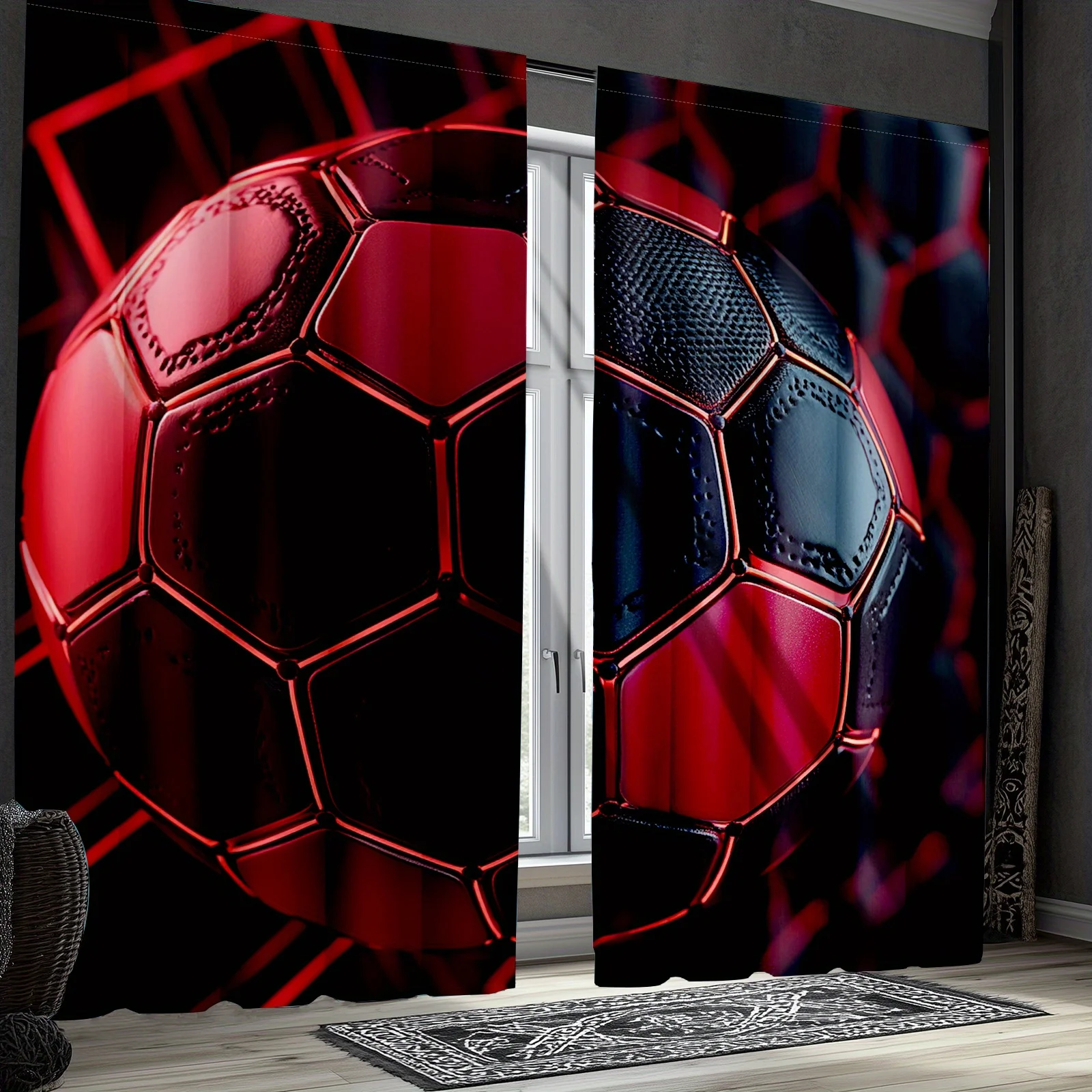 Dramatic Soccer Ball Curtain Red Black Sport Theme Window Drapes Modern Athletic Living Room Home Decoration