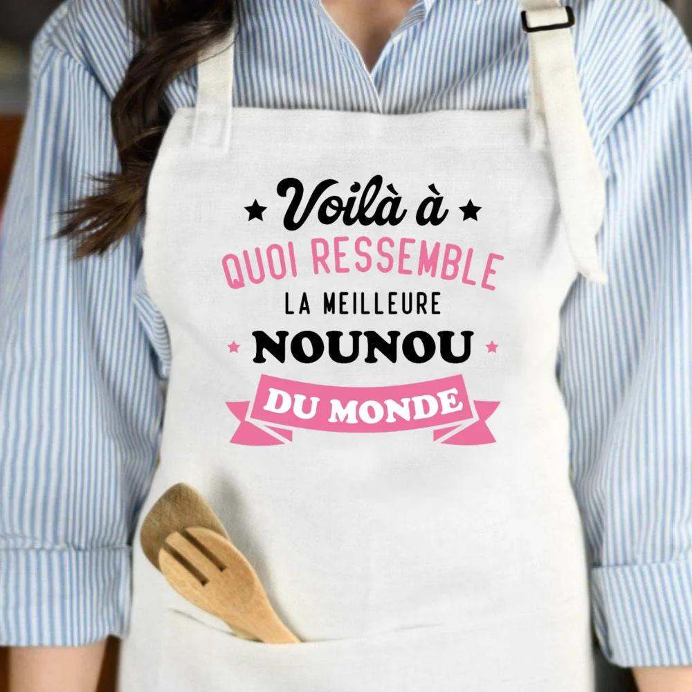 Best Nanny in The World French Print  Women Apron Mama Pocket for Cooking Baking Aprons Holiday Birthday Thanks Gift for Nounou view 3