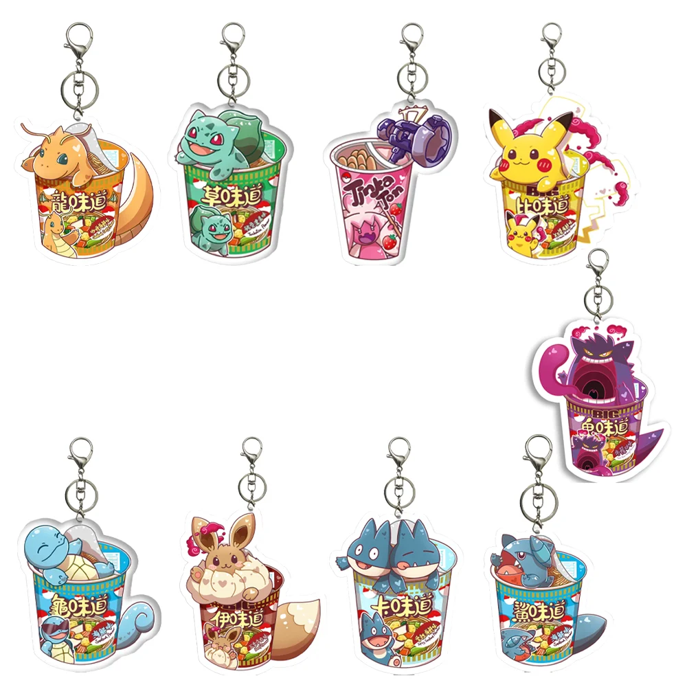 Porte-clés en acrylique Pokemon, tasse de nouilles instantanées, Bulbasaur, écureuil Eevee, périphériques d'anime, cadeaux de vacances, DIY