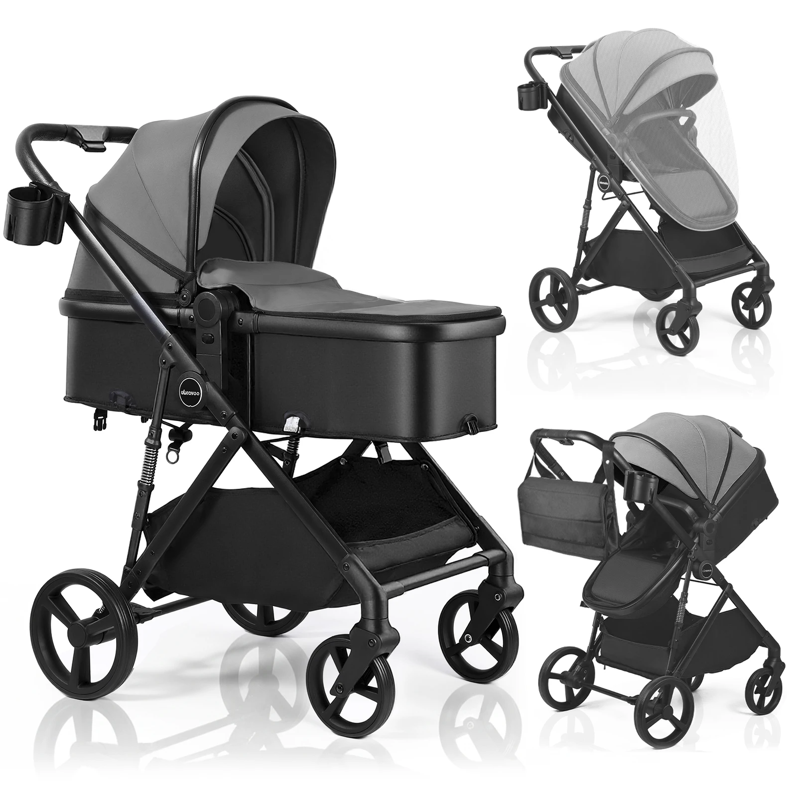 Poussette pour bébé 2 en 1, landau pliable avec siège réversible, auvent réglable, panier de rangeme