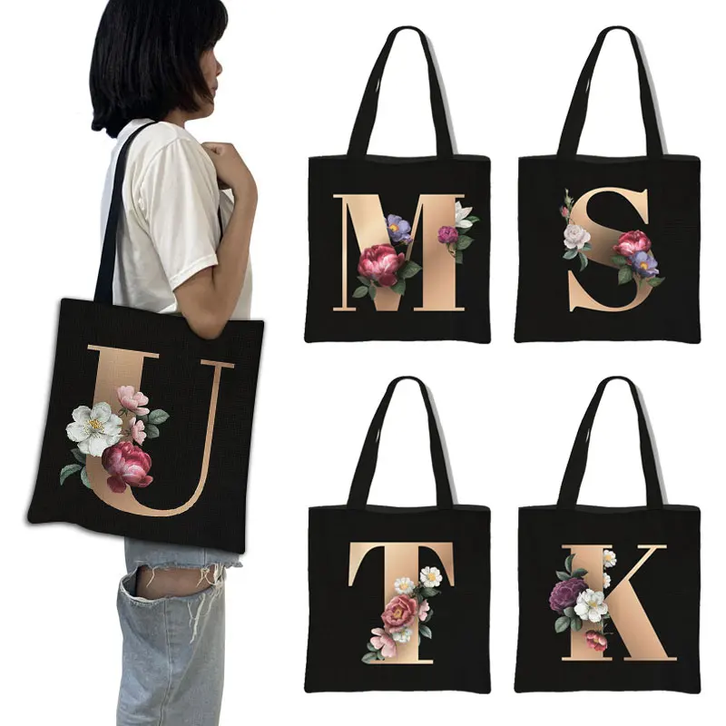 26 Initial Letter Flower Totes Bags A-Z Alphabet Women Shopping Bag Portable Ladies Handbag Beach Essentials Bags For Travel