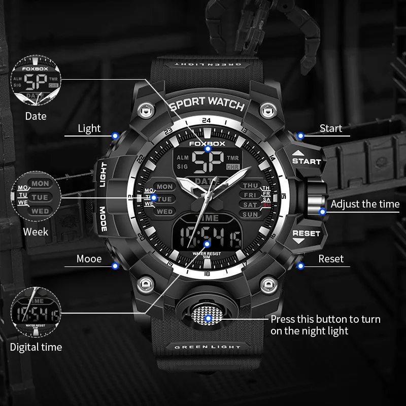 Часы наручные LIGE мужские с двойным дисплеем, спортивные водонепроницаемые кварцевые цифровые в стиле милитари, с будильником и секундомером, 2024