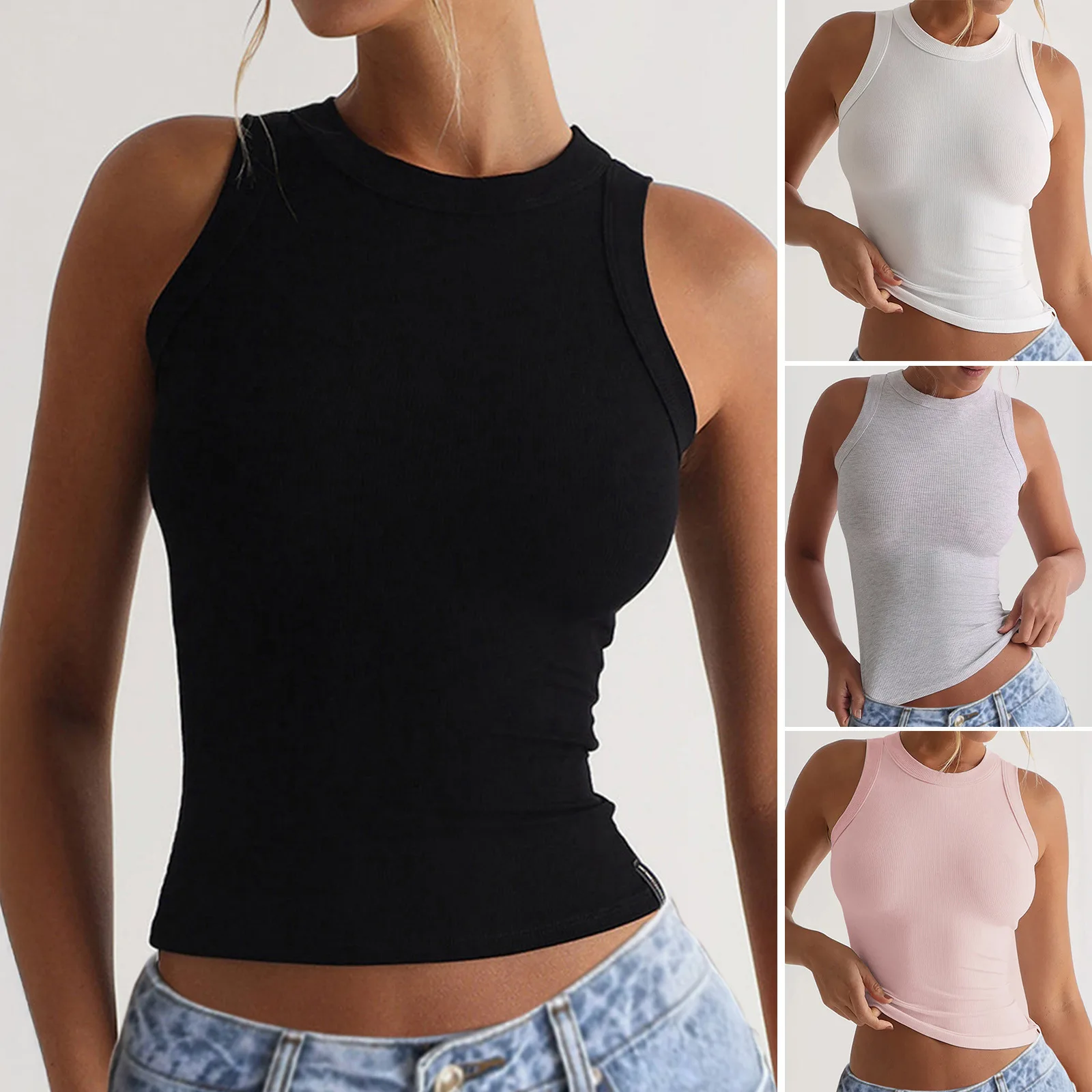 

2025 Spring And Summer Casual Y2K Solid Color Sexy Threaded Outer Wear Bottomed Crew Neck Top Vest Women's Clothing