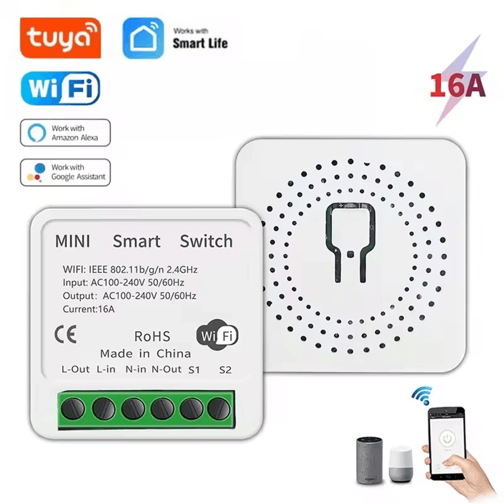 16A Mini DIY WiFi Smart Light Switch Relay Module Breaker 2-Way Control Remotely Voice Timer Works With Alexa Google Home Alice