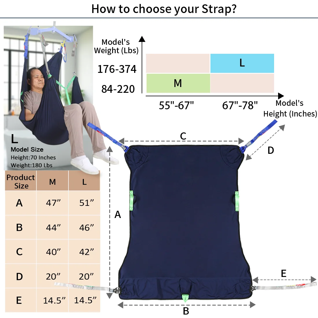 Ehucon 230kg Heavy Duty Full Body Lift Sling Hoyer Transfer Aid for Disabled Elderly Soft Long Sit Patient Sling Washable