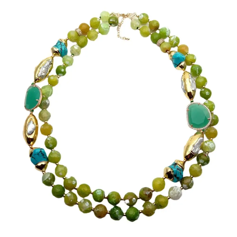 YYGEM 2 Rows 12mm Green Agate Blue Turquoise Crystal White Biwa Pearl Necklace Fashion Jewelry