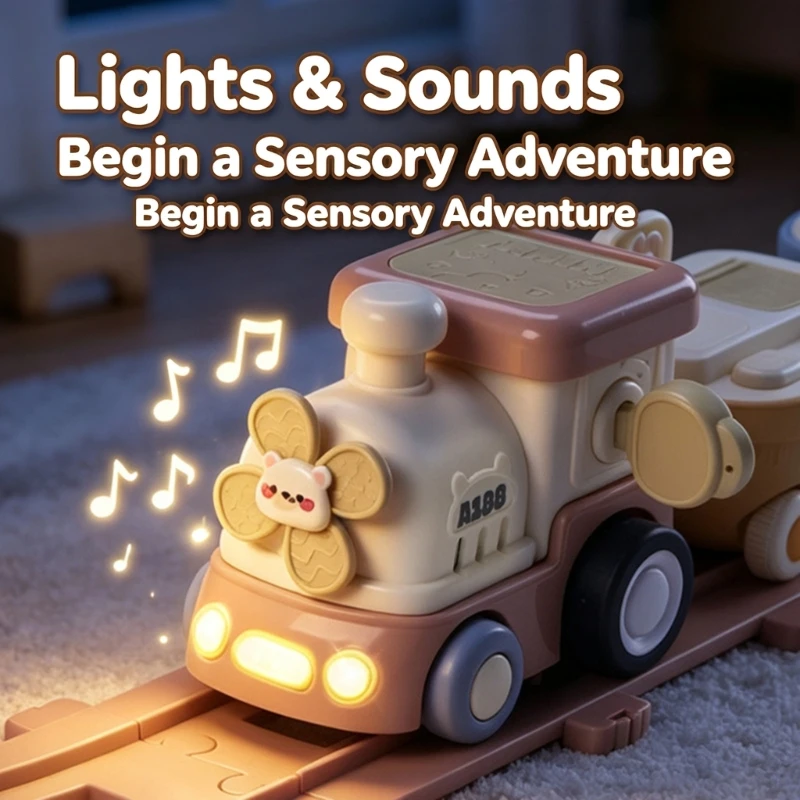 Light and Music Toy Train Set with Rolling Activation, Connectable Detachable and Cartoon Animal Theme for Children A2UB
