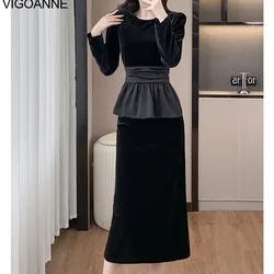 VigoAnne 2025 Solid Long Sleeve Top And High Waist Skirt 2 Piece Sets Woman Spring Autumn Korean Velvet Long Dress Suit Ladies