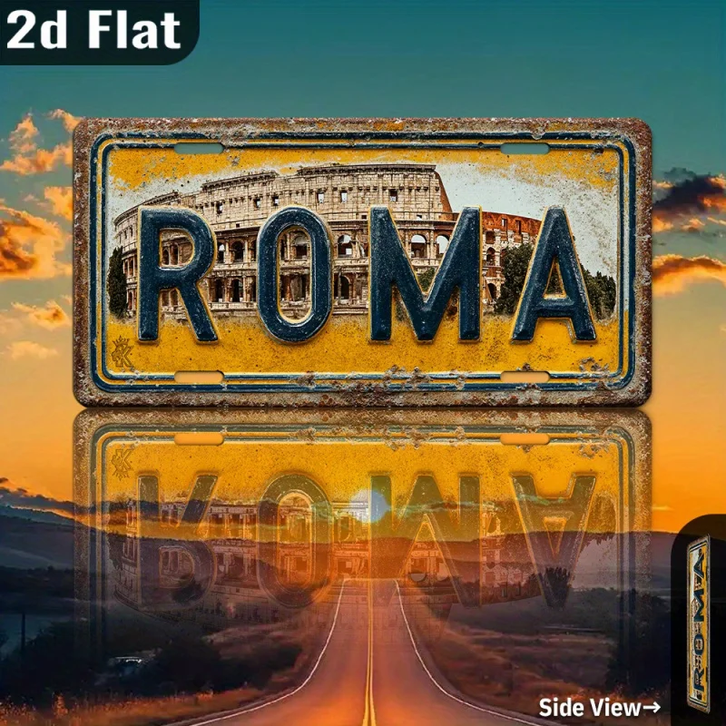 2D شقة، 1PC خمر الألومنيوم روما إيطاليا لوحة ترخيص جدار الفن - 12 "x 6" (30x15 سم) تصميم الكولوسيوم الأصفر والأزرق المتعثرة #5