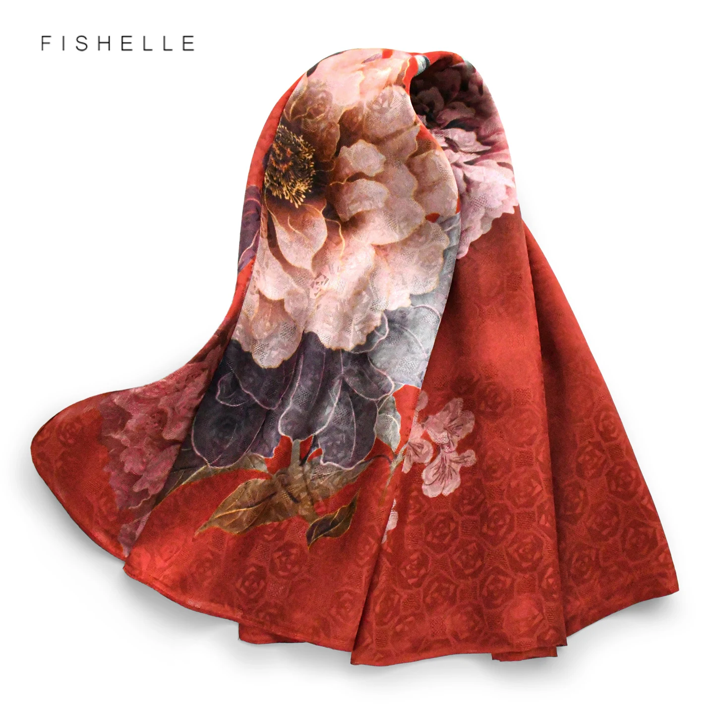 Dark Red Flower 100% Silk Long Scarf Lightweight Women Jacquard Shawl Wrap Hijab Neckerchief Headscarf Luxury New Year Gift