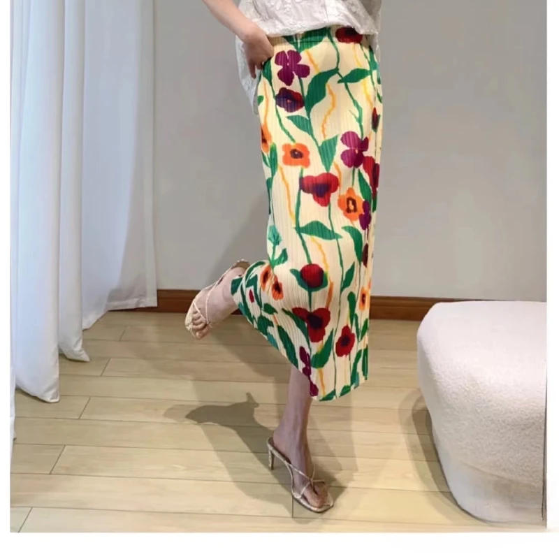 Gghk Miyake Geplooide Rechte Rok Zomer 2023 Hoge Taille Rug Split Casual Nieuw Design Dameskleding Maxi Rokken