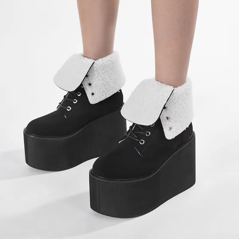 

Женские высокие сапоги для зимнего тепло, женские туфли на танкетке на высоком каблуке, высокие каблуки, готические ботинки на шнуровке, размер 43.