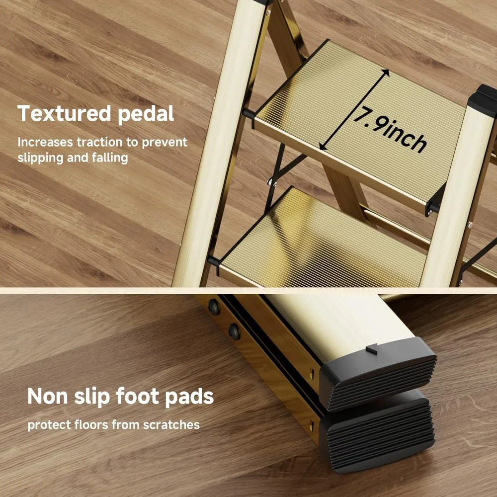 3-Stufen-Leiter, rutschfeste und leichte faltbare Trittleiter für Erwachsene und Kinder zur Verwendung in der Küche, Schrank und Bibliothek, 300 Pfund (Gold).