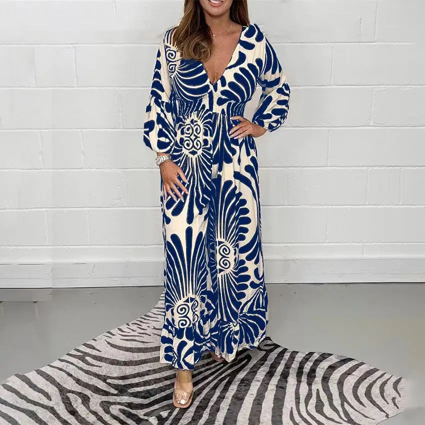 Sexy V Neck Long Sleeve Dress Office Lady Spring Summer Stripe Printing Casual Fashion Beach Dresses For Women 2023 Robe Femme