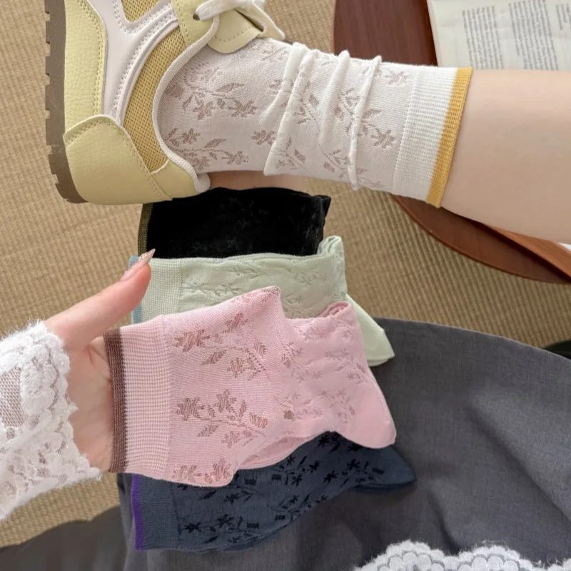 Women's Summer Thin Flower Patterned Knitted Socks Breathable Mesh Mid-Calf Flats Versatile Comfortable Cotton Blend