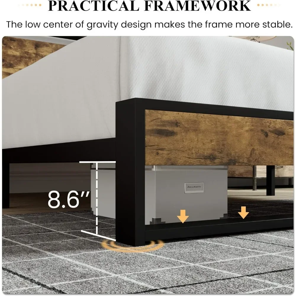 Bed Frame, Wooden Headboard, Heavy Duty Metal Platform No Box Spring Needed, Easy Assembly, Rustic Bed Frame