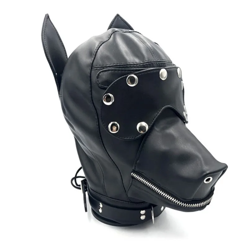 Puppy Cosplay Fetish Costumes of Adjustable Leather Full Head Hood with Eye Mask for Dog Roleplay Exotic Accessories