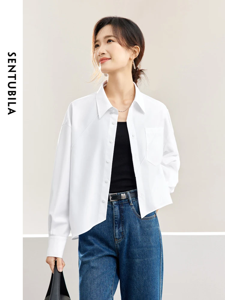 SENTUBILA Polo Collar Button Up Women\'s Shirt 2024 Spring Loose Irregular Hem Blouse Long Sleeve Shirts & Blouses 141C53299