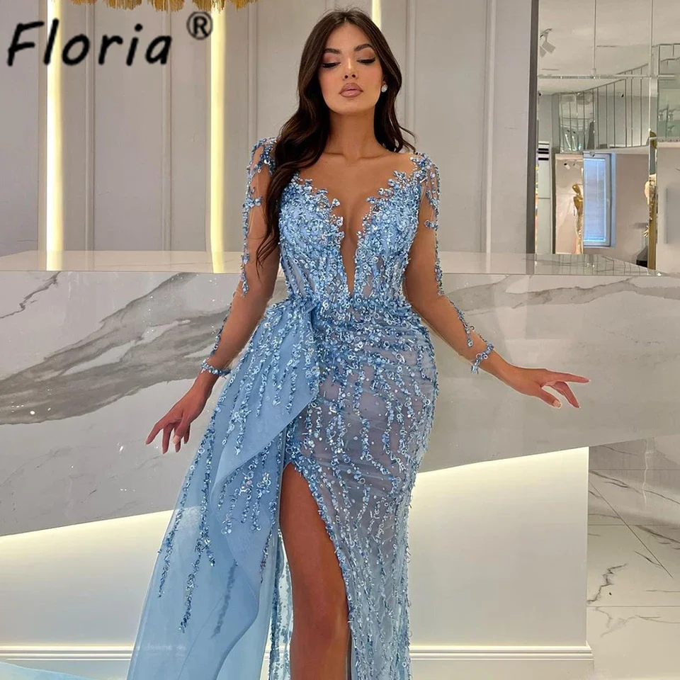 Blue Long Sleeves Elegant Mermaid Deep Slit Evening Dresses 2023 Woman Party Gowns Wedding Reception Dress With Side Tail Prom