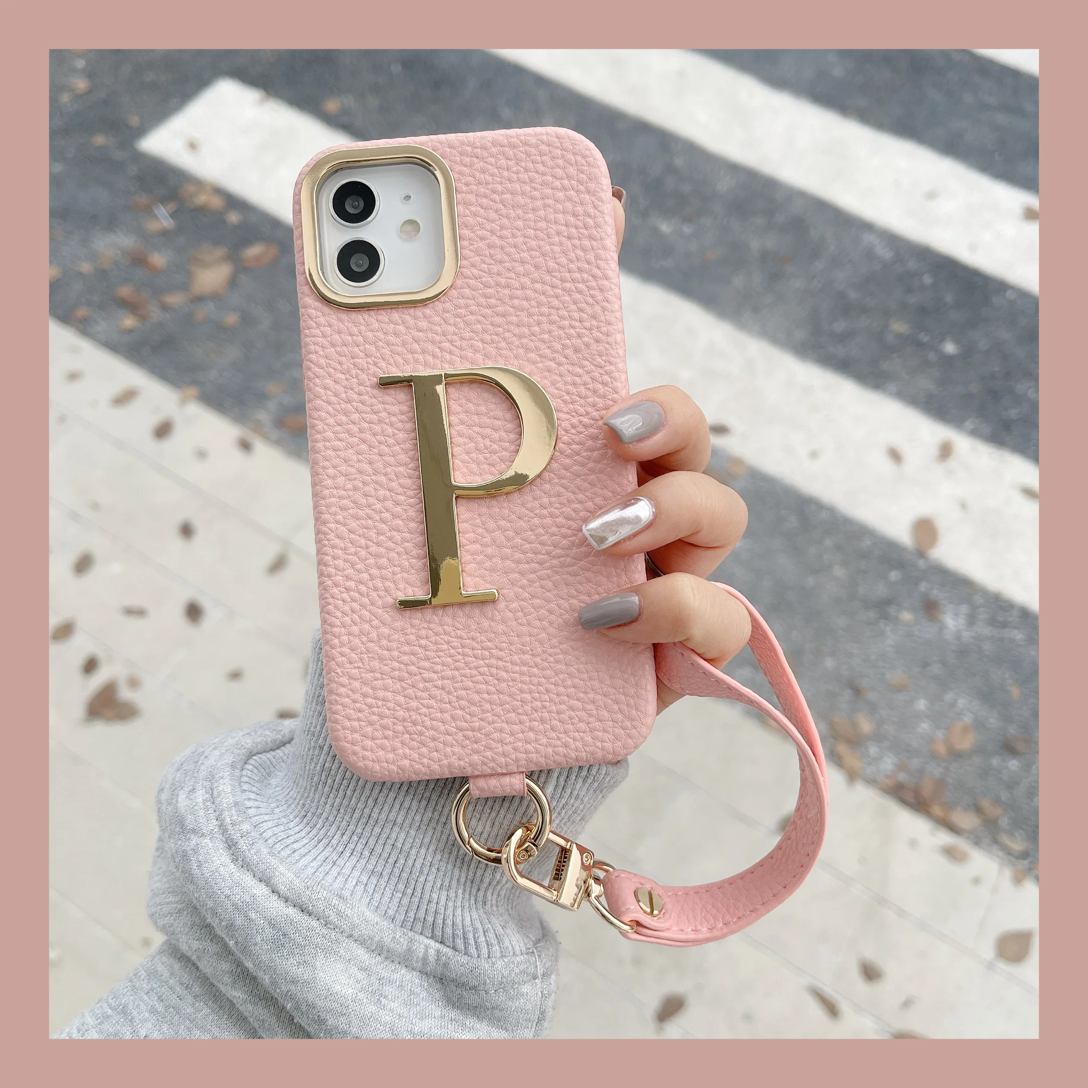 Funda de cuero con letras doradas para iPhone 15 14 14ProMax 14Plus 13Promax 13 12 11