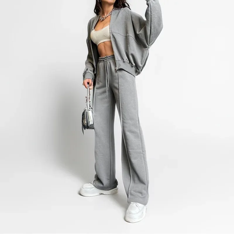 Women's Fleece-Lined Hoodie Coat High Waist Casual Pants Set Winter Thick Warm Outdoor Streetwear Loose Tracksuit