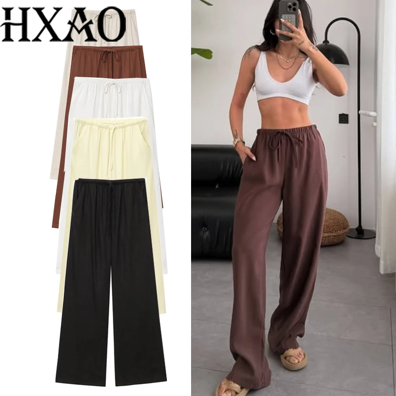 HXAO Women's Pants Baggy Wide Pants Woman Summer Linen Trousers Casual Tied Pleats Fluid Trousers High Waist Black White Pants