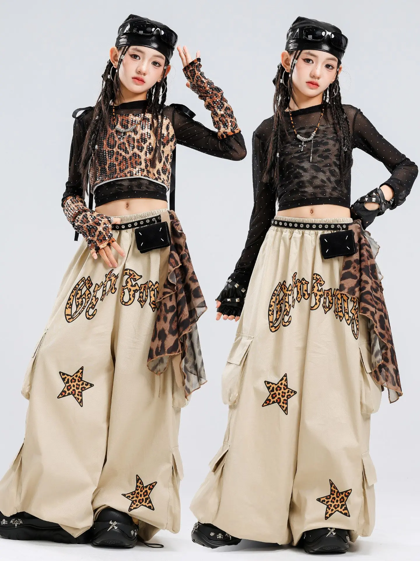kpop-jazz-dance-clothes-girls-2026-fashion-street-wear-leopard-vest-mesh-tops-khaki-hip-hop-pants-kids-performance-suit-bl20132