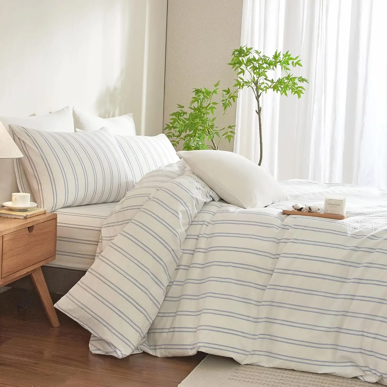 

Комплект постельного белья Queen Size, бело-синяя полосатая пододеяльная простыня, эффект стираного хлопка, дышащий и прочный, для всех сезонов