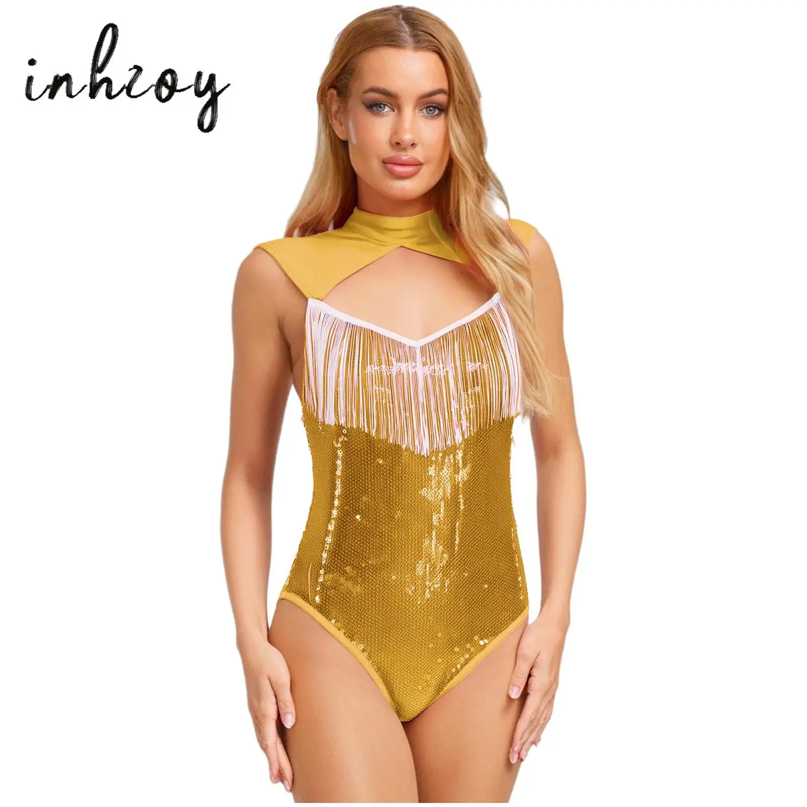 

Womens Sequin Jazz Latin Dance Bodysuit Hollow Out Tassel Fringe Sleeveless Leotard One Piece Jumpsuit for Club Pole Dancewear