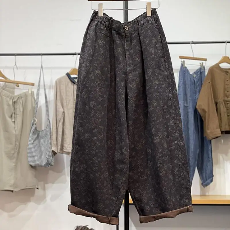 Autumn New Arts Style Women Elastic Waist Loose Casual Trousers Vintage Floral Print Cotton Linen Wide Leg Pants High Quality