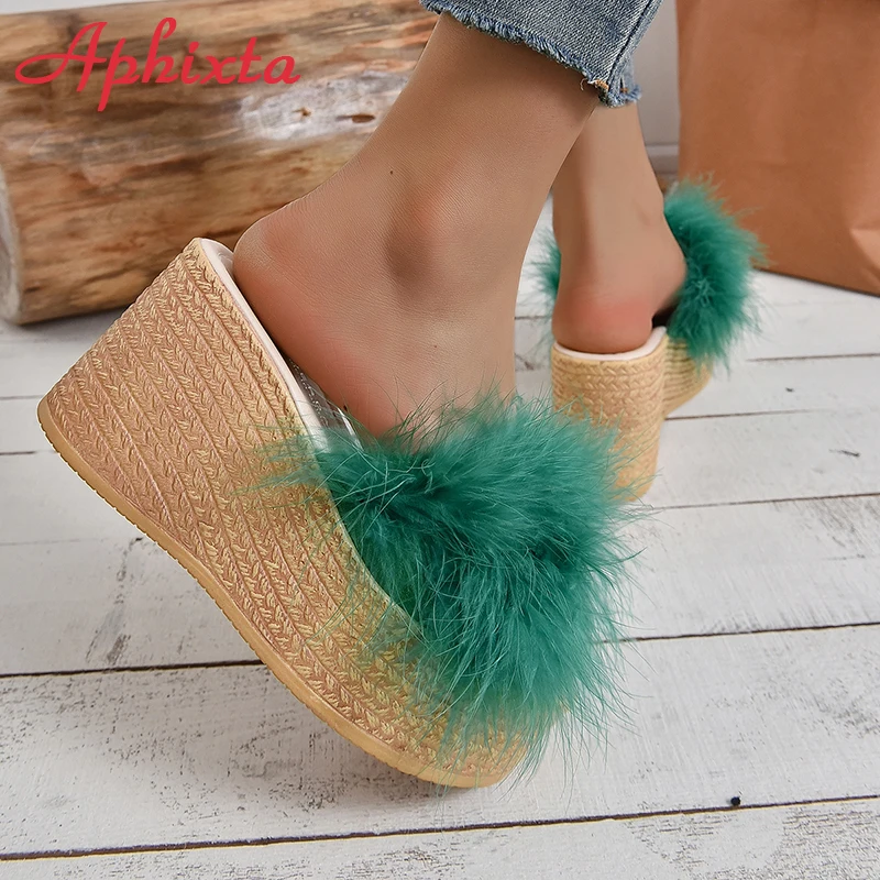 Aphixta Furry Green Wedge Platform Slides Women\'s Shoes 9cm Slippers Flip Flops Heels Shoes Beach Sandals Plus Size 43