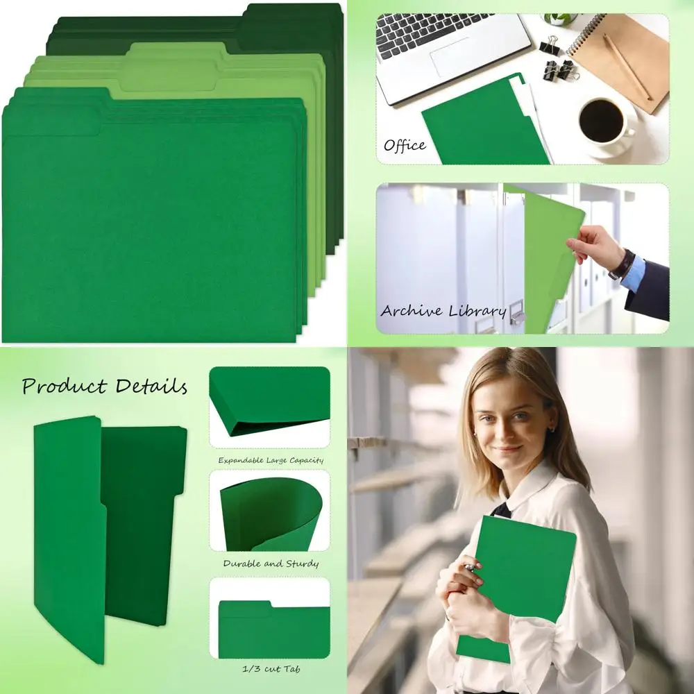 

12 шт. зеленые папки для файлов, цветные папки для файлов с буквенным размером и вкладками 1/3, декоративные карманы для файлов для офиса, школы бу
