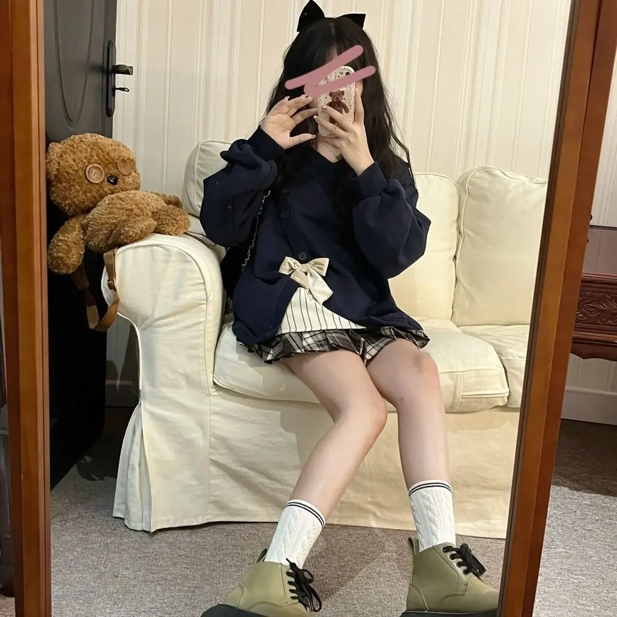 Korean Version Loose and Versatile Sweet Top Autumn Japanese Soft Girl Cute Bow Splicing Color Contrasting College Style Hoodie