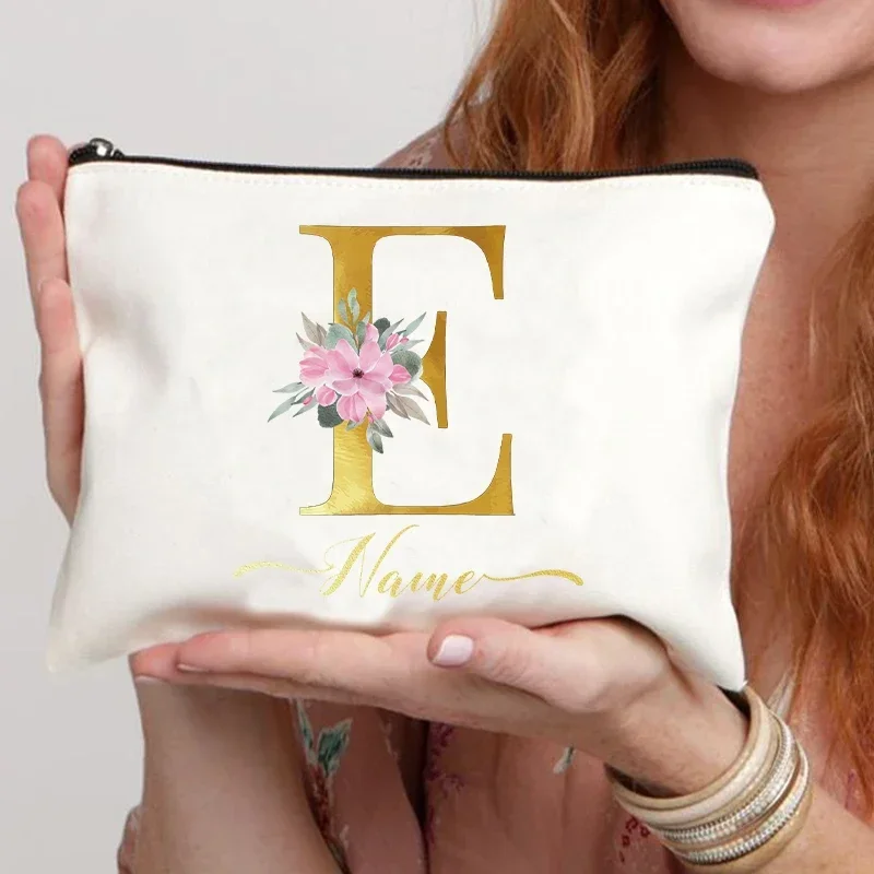 Bolsa de maquillaje con nombre personalizado para mujer, estuche de maquillaje con flor del alfabeto, bolsa de aseo nupcial, organizador de embrague, regalo de dama de honor, A-Z