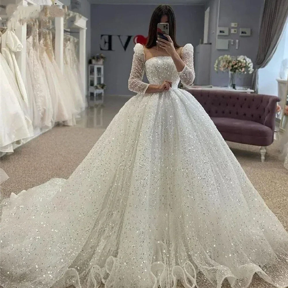 

Luxurious Sparkling Square Collar Wedding Dress Long Sleeves and Glitter A-line Princess Wedding Dress and Ivory Bridal Dress Cu