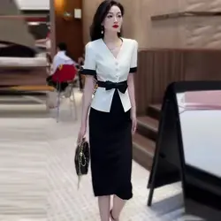 Suits Sexy Female Outfits White Black Short Sleeve Women's Two Piece Set Midi Slit Office Skirt Elegant Casual Korean Style Full