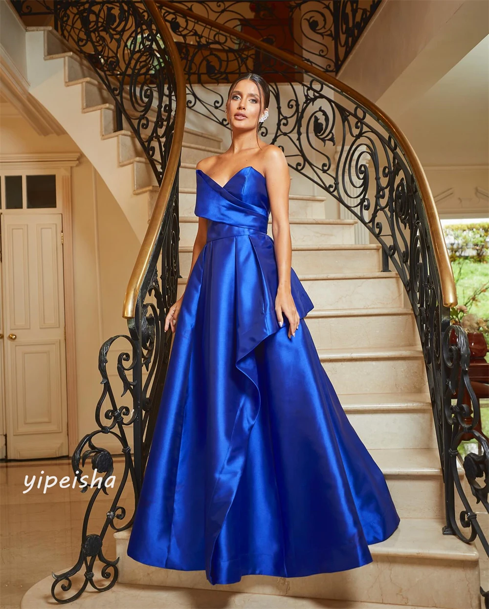 Satin Draped Pleat Ruched Graduation A-line Strapless Bespoke Occasion Gown Long Dresses