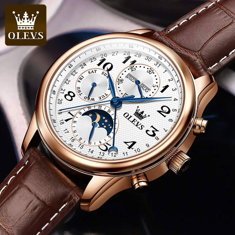 OLEVS Original Automatic Mechanical Watch for Men Leather Strap Moon Phase Waterproof  Week Calendar Business Men's Wristwatches
