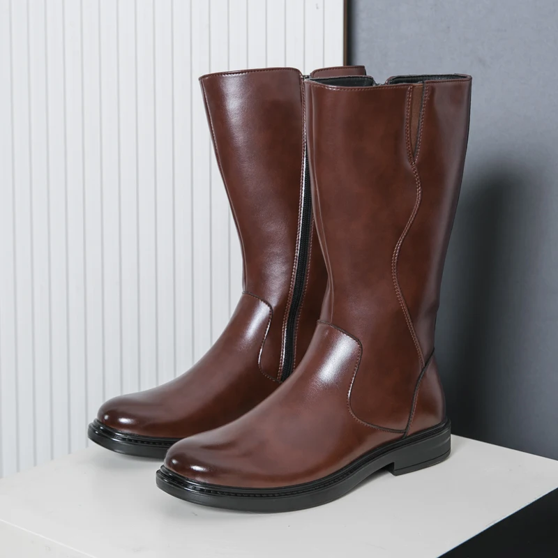 

Men Riding Equestrian Boots PU Solid Color Low Heel Side Zipper Round Toe Fashionable Cowboy Boots Comfortable Classic Men Boots