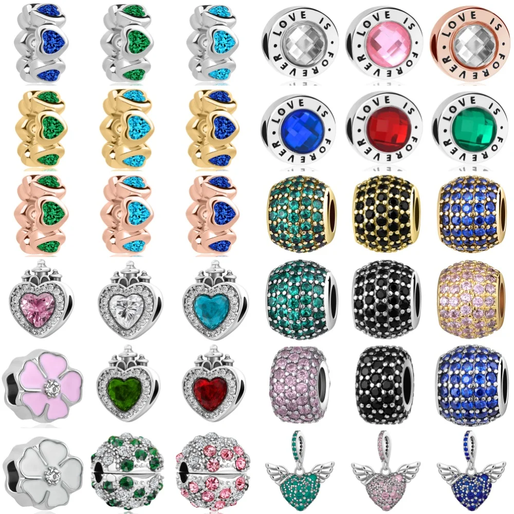 925 Silver, Green, Pink, Blue, Heart-Shaped Bead Pendant, Suitable for European Original Bracelet DIY Accessories - Fine Jewelry