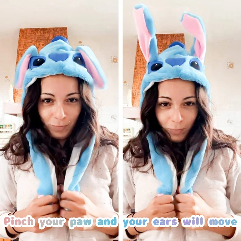 Cartoon Stitch Ear Move Hat Plush Bunny Ears Moving Jumping Up Toys Dress Up Funny Party for Kids Christmas Gift for Adult