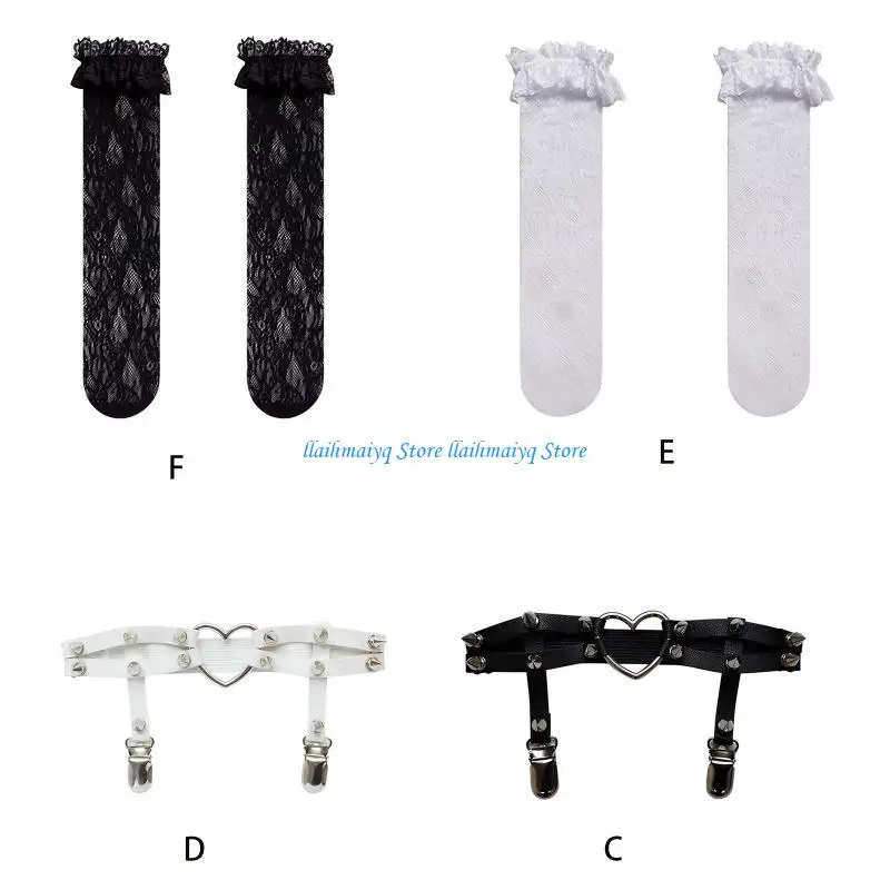 

573B Lace Ruffle Frilly Socks Stocking Gothic Elastic Punk Harness Garter Belt