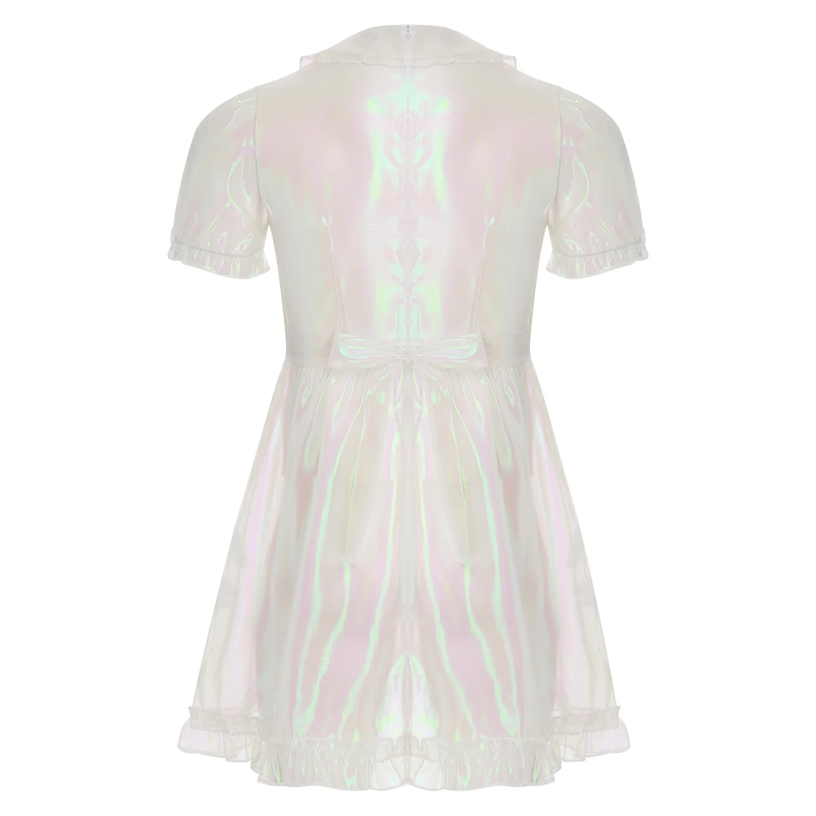 Mens ผู้ใหญ่ Organza Sissy Corssdresser ชุดแม่บ้านโปร่งใส Sheer น่ารักพัฟแขน Flare A-Line แม่บ้าน COSPLAY เครื่องแต่งกาย