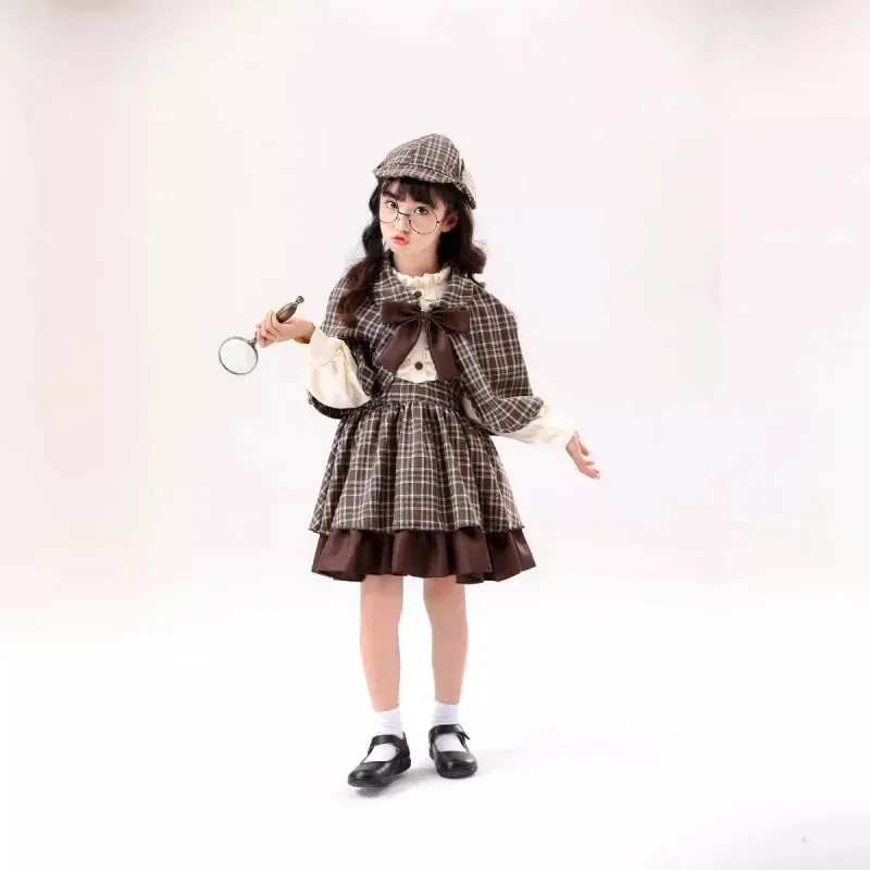 جديد 2025 للكبار والأطفال شيرلوك هولمز أزياء تنكرية لوليتا تنورة على طراز الكلية البريطانية مع شال ☆ ★ ☆ ★ qq