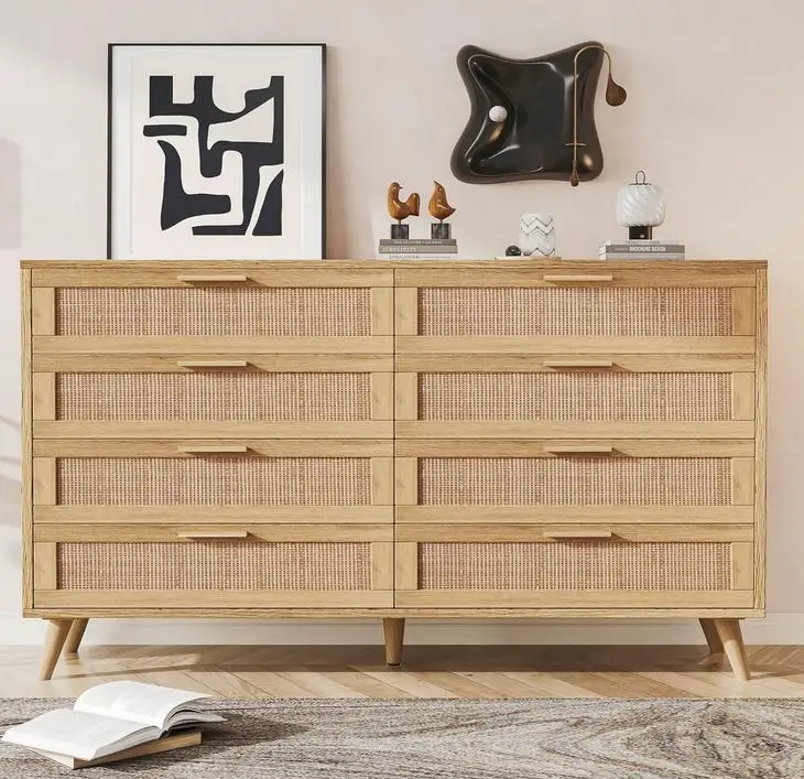 6/8 Drawer Double Dresser for Bedroom Rattan Chest of Dressers Modern Wooden Chest with Golden Handles Beside Table Closet Livin